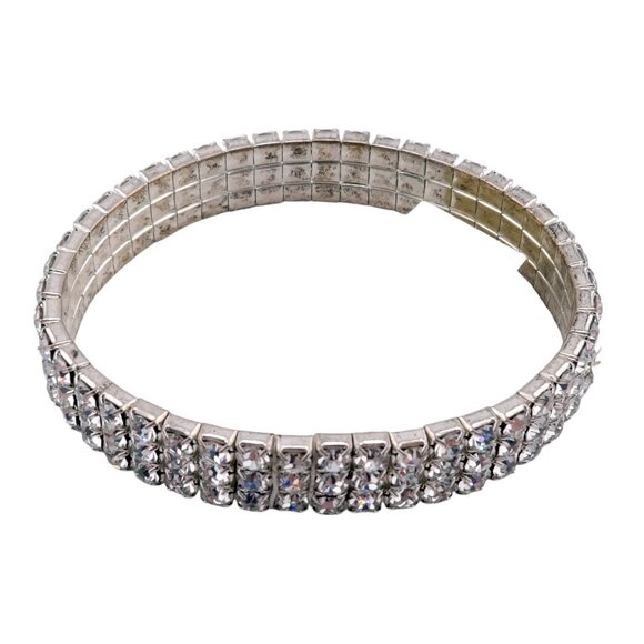 1928 Jewelry Clear Round Rhinestone 3 Row Design Silvertone Stretch Bracelet NWT - Picture 2 of 3